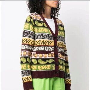 Ganni Graphic Knit Cardigan in Yellow and Brown